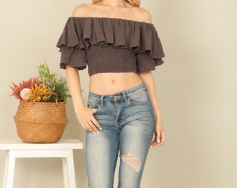 Damen Schulterfrei Rüschen Gesmoktes Crop Top Bluse Mode