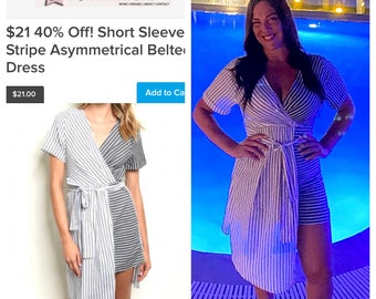 Short Sleeve Stripe Asymmetrical Belted Dress