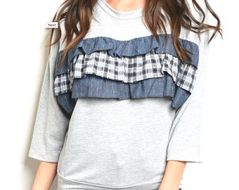 3/4 Sleeve Plaid Ruffle Layer Top Blouse
