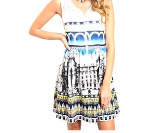 Sleeveless Building Print Zip Up A-Line Dress