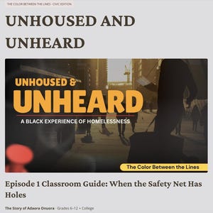 以下が含まれることがあります： 大きな暗い文字で「UNHOUSED AND UNHEARD」というタイトルのウェブページ。その下に、オレンジ色の「UNHOUSED & UNHEARD」という言葉と、「A BLACK EXPERIENCE OF HOMELESSNESS」というサブタイトルが付いたグラフィック。画像には、歩いている人々のぼやけた写真が含まれています。