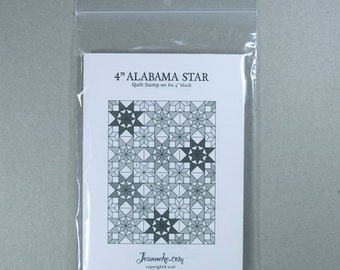 May include: A clear plastic bag containing a white card with the text "4" ALABAMA STAR" and a geometric star pattern. The card is labeled as a quilt stamp set for a 4" block. The website jeanneke.com is printed at the bottom.