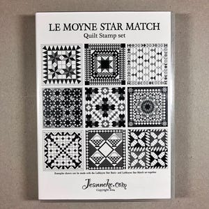 Puede incluir: Una tarjeta blanca con texto e imágenes en negro. El texto dice "Le Moyne Star Match Quilt Stamp Set". La tarjeta muestra nueve diseños de bloques de colcha diferentes en blanco y negro.