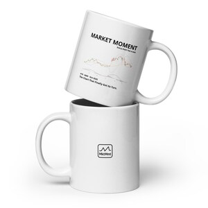 May include: Two white ceramic mugs stacked on top of each other. The top mug has the text "MARKET MOMENT" and a chart graphic. The bottom mug has a logo that says "MktMmt".