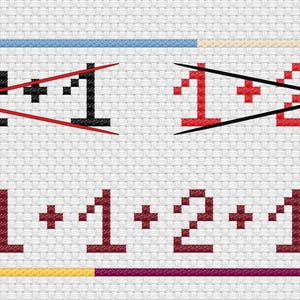 May include: Cross-stitch pattern with the numbers and symbols. The top section has crossed-out equations in black and red. The bottom section features a series of colorful tombstone-like shapes and a math equation.