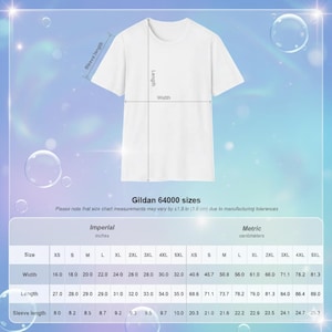 May include: A white Gildan 64000 t-shirt with measurements chart. The width ranges from 16.0 to 32.0 inches, length from 27.0 to 35.0 inches, and sleeve length from 8.0 to 10.0 inches. The chart also includes metric measurements.