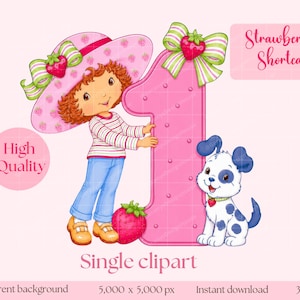 May include: A digital illustration of the character Strawberry Shortcake wearing a pink hat with strawberry patterns, a striped shirt, and blue jeans, standing next to a large pink number one and a white puppy with blue spots.