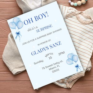 Surprise Baby Shower Invitation Boy, Oh Boy Baby Shower Invite, Blue Minimal Baby Shower Template, Editable Invite