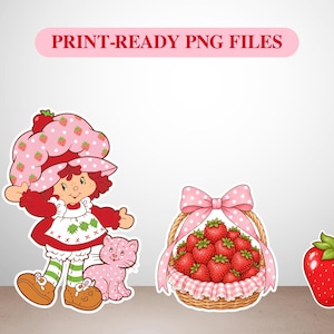 May include: A digital illustration featuring a character with red hair wearing a strawberry-patterned hat, a red dress, and green striped socks, accompanied by a pink cat, a woven basket filled with red strawberries, and a single strawberry.
