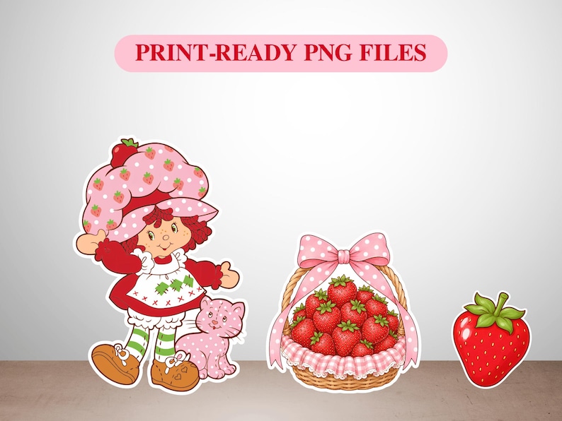 May include: A digital illustration featuring a character with red hair wearing a strawberry-patterned hat, a red dress, and green striped socks, accompanied by a pink cat, a woven basket filled with red strawberries, and a single strawberry.