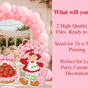 May include: A digital graphic featuring a cartoon character with red hair, a strawberry hat, and a red dress, standing next to a basket of strawberries with a pink bow. Text reads: What will you get? 2 High-Quality PNG Files Ready to Print Sized for 24 x 36 Inch Printing.