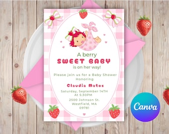May include: A pink baby shower invitation with a strawberry theme. The invitation features a cartoon baby wrapped in a pink blanket, surrounded by strawberries and bows. Text reads "A berry SWEET BABY is on her way!"