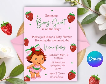 May include: A pink baby shower invitation with a strawberry theme. The invitation features the text "Berry Sweet is on the way!" and includes a cartoon illustration of a strawberry girl. The invitation also includes the date, time, and location of the baby shower.