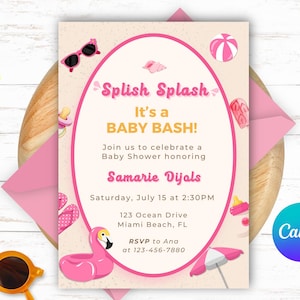 Puede incluir: Una tarjeta de invitación rectangular para baby shower con un marco ovalado rosa, ilustraciones de playa que incluyen gafas de sol, una pelota, un flotador de flamenco y una sombrilla, con el texto Splish Splash It's a BABY BASH!.