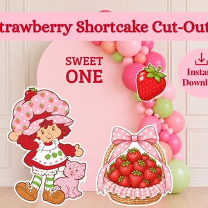 May include: A digital graphic set featuring Strawberry Shortcake cut-outs with the text Strawberry Shortcake Cut-Outs, Sweet One, and Instant Download. The set includes a character with a cat, a basket of strawberries, and a single strawberry.