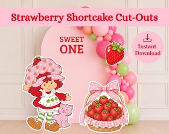May include: A digital graphic set featuring Strawberry Shortcake cut-outs with the text Strawberry Shortcake Cut-Outs, Sweet One, and Instant Download. The set includes a character with a cat, a basket of strawberries, and a single strawberry.