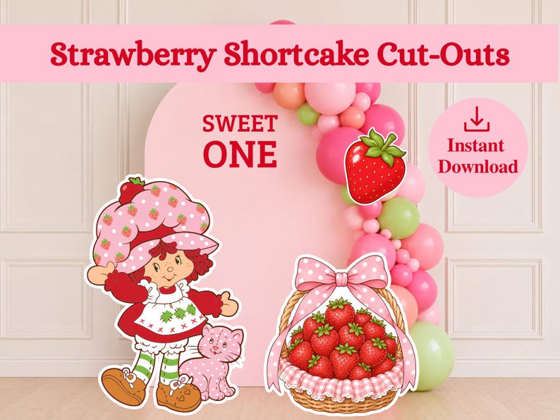 May include: A digital graphic set featuring Strawberry Shortcake cut-outs with the text Strawberry Shortcake Cut-Outs, Sweet One, and Instant Download. The set includes a character with a cat, a basket of strawberries, and a single strawberry.