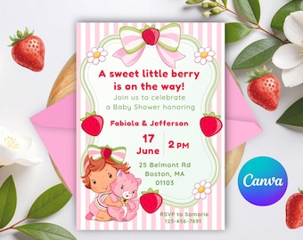 May include: Baby shower invitation with a strawberry theme. The invitation features a cartoon strawberry girl holding a pink teddy bear. The text reads "A sweet little berry is on the way!" with event details.