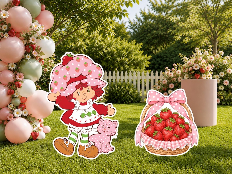 May include: A decorative cutout of a character with red hair wearing a strawberry-patterned hat, a red dress, and green striped leggings, standing next to a pink cat and a woven basket filled with red strawberries and a pink polka-dot bow.