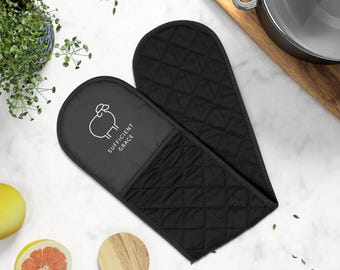 Schwarze dünne Ofenhandschuhe | Lange gesteppte hitzebeständige Hülse, rutschfest
