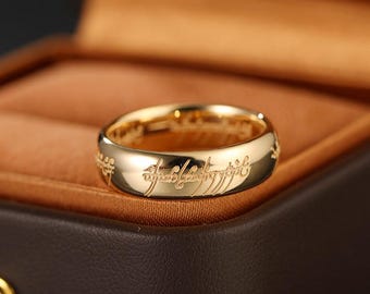 The One Ring 18K Gold Platinum Men's Band, The Rings Elvish Inscription Ring, Custom Made Fantasy Jewelry