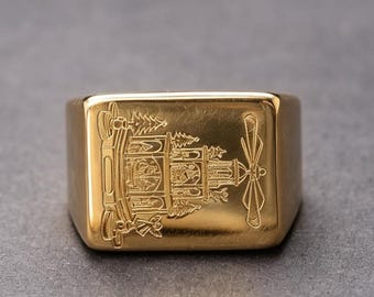 Anillo de oro de 18 quilates con figura de belén y pirámide navideña europea.