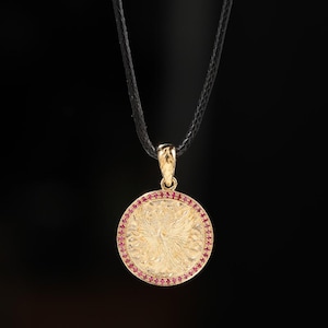 10K Gold Lotus Mandala Pendant Necklace - Ruby Halo, Engraved Charm