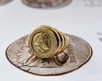 18K Gold Ancient Greek Coin Ring – Lab Diamond Halo Pinky Signet