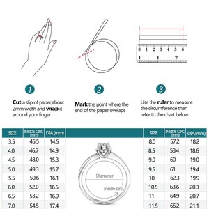 May include: Diagram for measuring ring size. Instructions include wrapping paper around the finger, marking the overlap, and measuring with a ruler. A chart provides size conversions in millimeters.