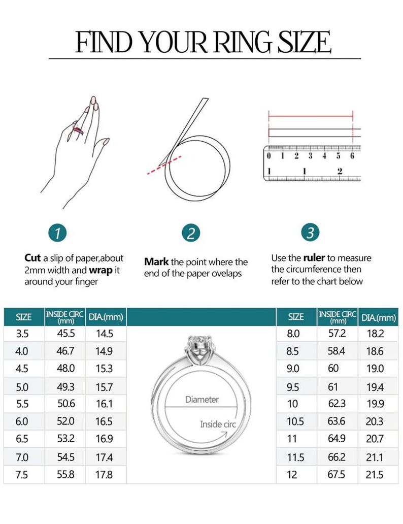 May include: Diagram for measuring ring size. Instructions include wrapping paper around the finger, marking the overlap, and measuring with a ruler. A chart provides size conversions in millimeters.