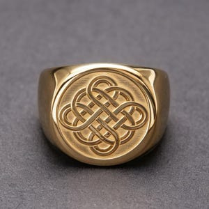 Puede incluir: Un anillo de sello dorado con una cara circular que presenta un patrón de nudo entrelazado continuo y grabado. El anillo tiene una banda lisa y pulida, y un centro circular con acabado mate que resalta el diseño detallado del nudo.