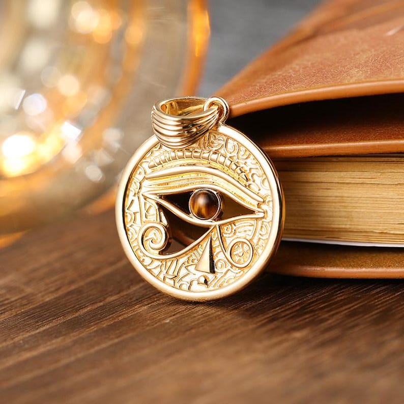 Eye of Ra Pendant, AI-Inspired Design 18K Gold and Platinum Men's Tiger Eye Stone Necklace