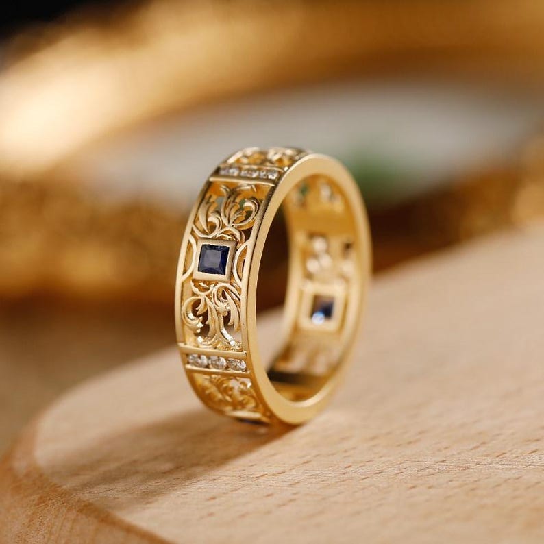 Medieval Knightly 10K Gold Filigree Ring, Sapphire and Diamond Heraldic Jewelry