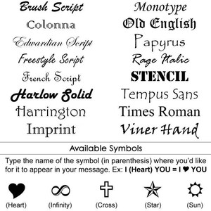 May include: Image showcasing a variety of font styles, including Arial, Bauhaus, and Brush Script, alongside symbols like a heart, infinity, and star. Text reads "Available Font Styles" and "Available Symbols".