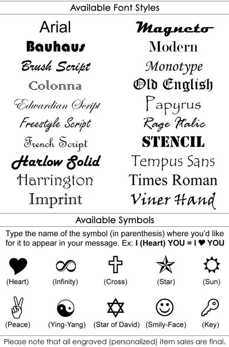 May include: Image showcasing a variety of font styles, including Arial, Bauhaus, and Brush Script, alongside symbols like a heart, infinity, and star. Text reads "Available Font Styles" and "Available Symbols".