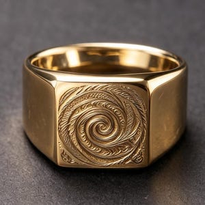 May include: A gold-toned signet ring featuring a wide, polished band and a square face. The center of the square face is deeply engraved with a detailed, swirling spiral pattern that radiates outward from the middle in a textured design.