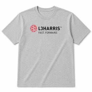 May include: A light gray t-shirt featuring the L3Harris logo in red and black. The logo includes a red geometric design and the text "L3HARRIS" above "FAST. FORWARD."