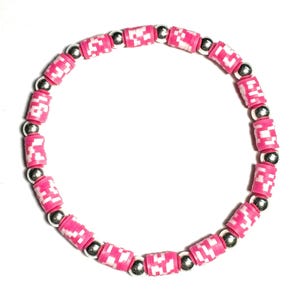 Heishi Anklet Pink and Silver Metallic Pattern, Stretch Bracelet