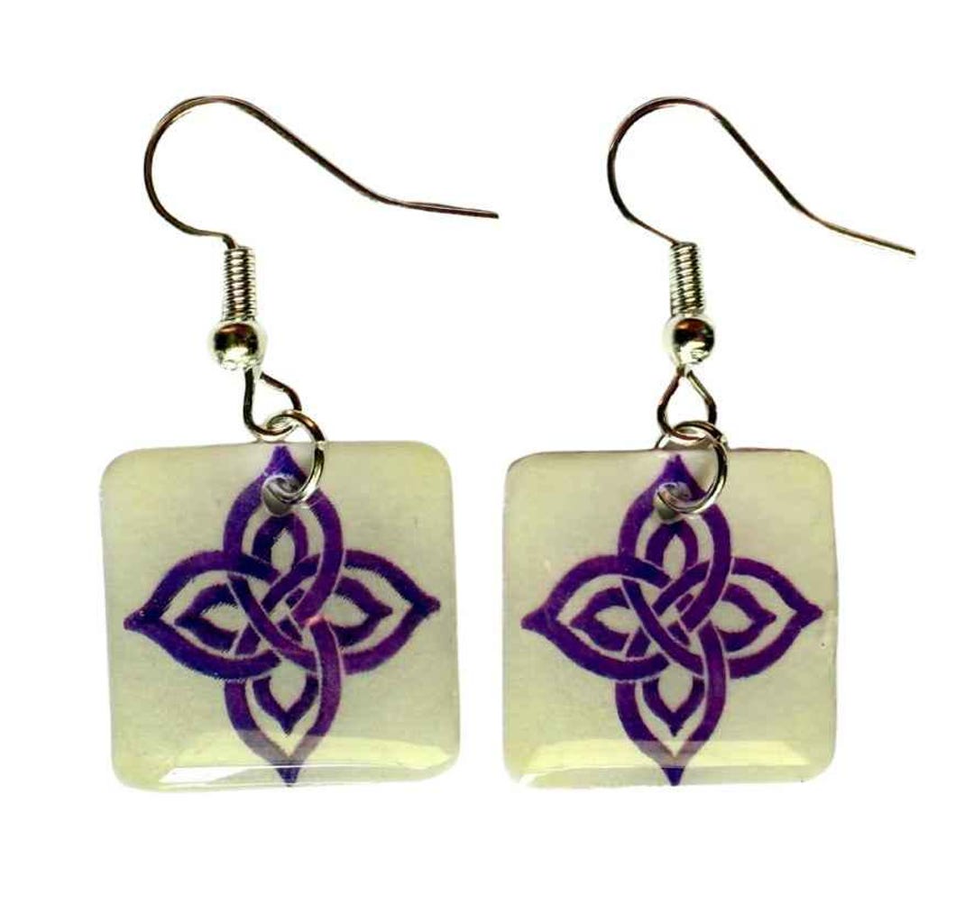 Celtic Knot Dangle Earrings, Purple Design on Clear Resin Square ...