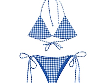 String Bikini Blue White Gingham Plaid, Preppy Style
