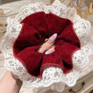 Velvet Lace Scrunchie, Red Hair Tie, Oversized Scrunchie, Vintage Hair Accessory, Gift for Her