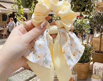 Floral Bow Scrunchie, Pastel Ribbon Scarf Ponytail Holder, Fabric Headband