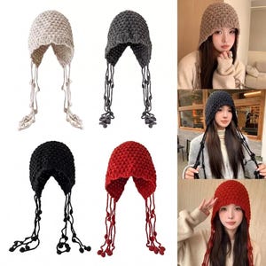 Crochet Bandana Hood Hat, Knit Earflap Beanie, Fairycore Hooded Scarf, Boho Winter Hat, Korean Style Crochet Cap