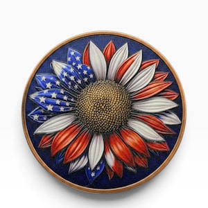 May include: A circular decorative medallion featuring a sunflower design with petals colored in red, white, and blue. Some petals display a pattern of white stars on a blue background, while others are solid red or white. The center is textured gold.