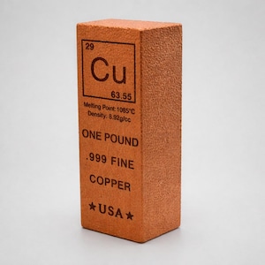 May include: A rectangular copper bar with the element symbol Cu, atomic number 29, and the text "ONE POUND". The bar is .999 fine copper and has the USA star symbol. The melting point is 1085°C.