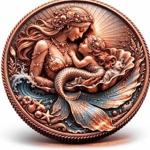 May include: A circular, bronze-toned relief sculpture depicts a mermaid cradling a baby mermaid in a seashell. The mermaids have flowing hair and are adorned with jewelry. The background features stylized waves and a sunburst design.