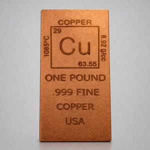 May include: A copper bar with the periodic table symbol for copper, Cu, and the text "ONE POUND .999 FINE COPPER USA". The bar also includes the melting point, density, and atomic mass of copper.