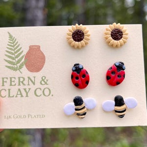 Garden Trio Stud Earrings | 3 Pack | Handmade Polymer Clay | 14k Gold Plated Posts