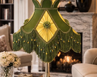 Handmade Victorian Lampshade – Olive Green Gold Fringe Beaded Lamp Cover