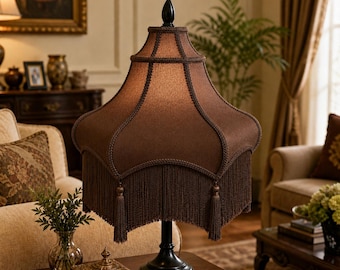 Handmade Victorian Lampshade – Coffee Brown Fringe Fabric Lamp Shade